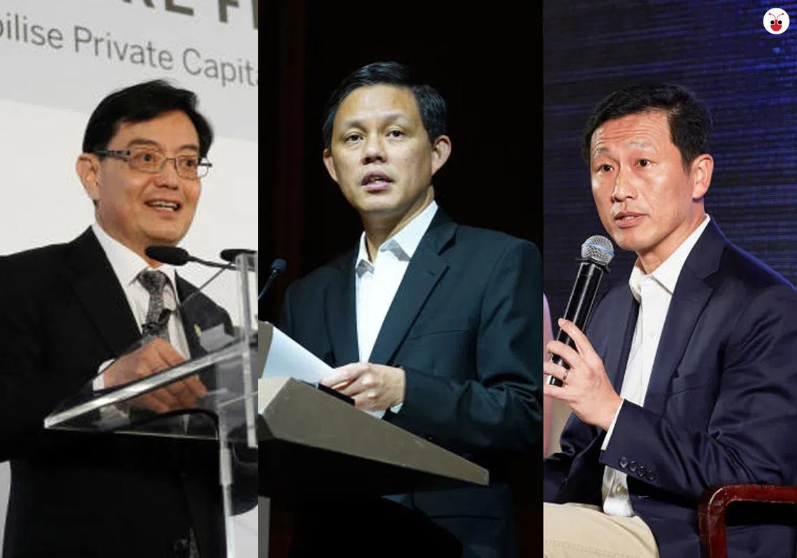 左起：财政部长王瑞杰、贸工部长陈振声、教育部长王乙康（谢静怡制图）