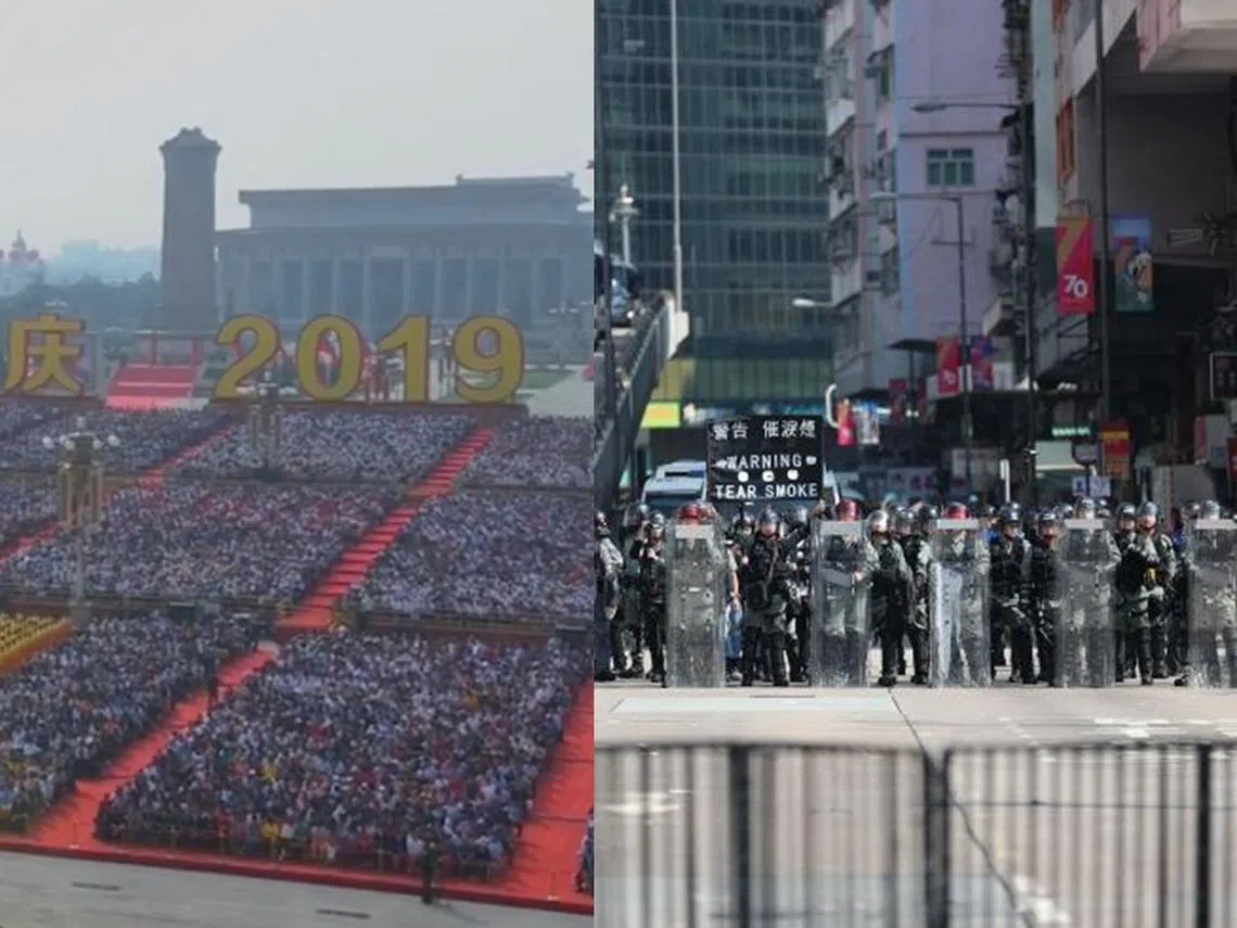中国大陆和香港庆十一都一样人多，心情落差却是天渊之别。（视频截图）