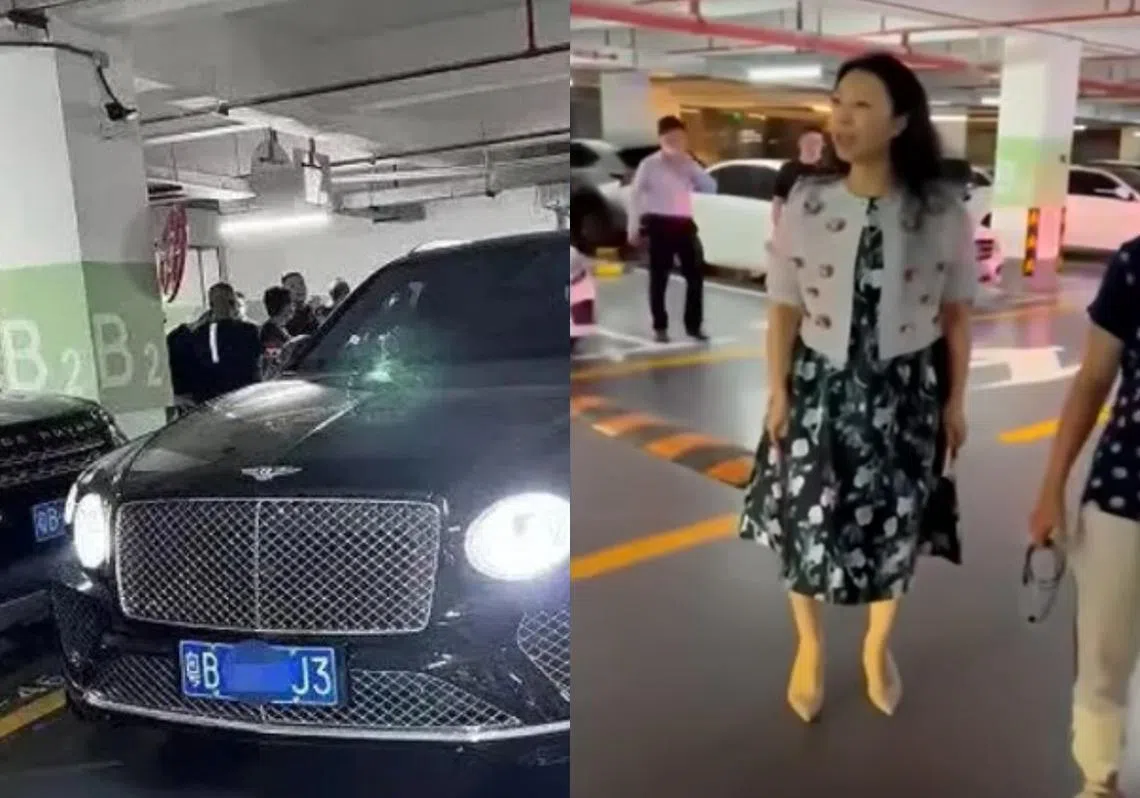 中国深圳一名自称老公是“国企书记”的“张某某”日前因“专用停车位”被占与人争执，期间爆出的一句“家有50辆宾利”引发热议。（红蚂蚁制图）