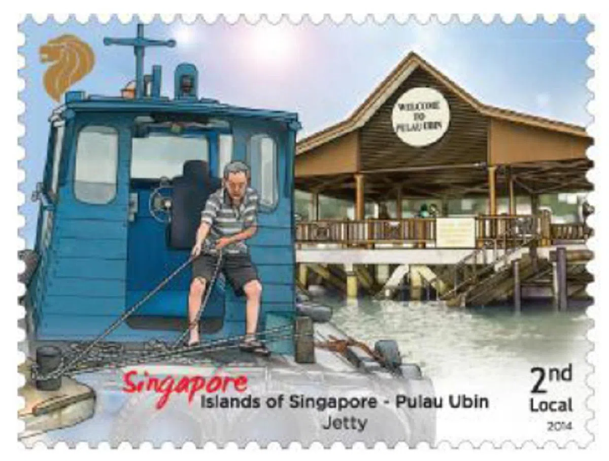  这张乌敏岛系列邮票上的船夫就是揭高财。（新加坡邮政） 