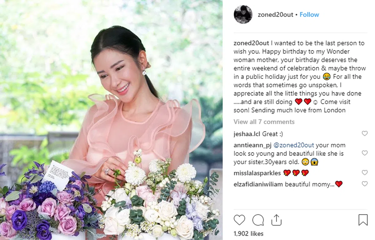  儿子就相对低调很多，但每逢母亲生日、母亲节一定会送上祝福。（Instagram:zoned20out） 