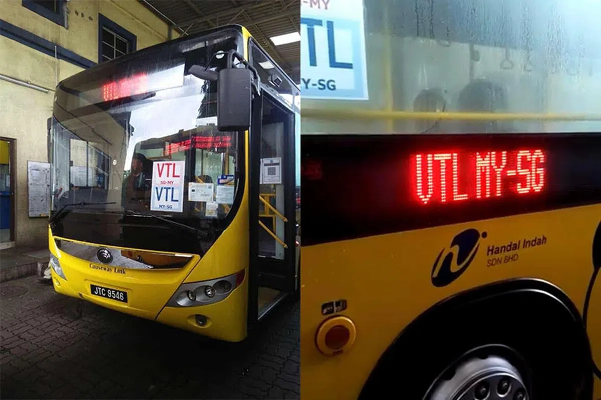 疫情暴发后等了20个月，CW巴士电子板上显示的VTL MY-SG，似乎宣告着新马边境即将重启，民众又可以往返彼岸。（互联网）