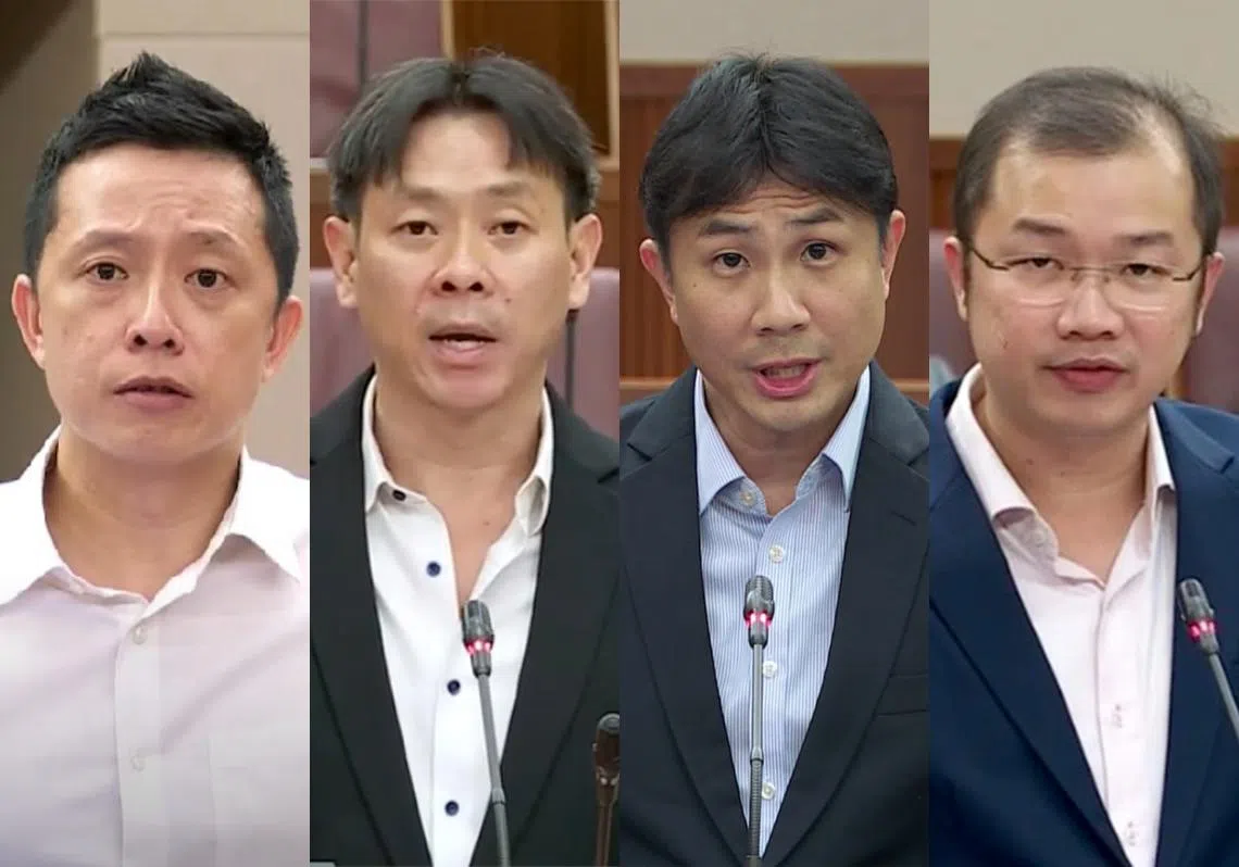 （左起）行动党的叶汉荣、黄国光和工人党的林志蔚及蔡庆威是本届国会发言和辩论表现最活跃的议员。（红蚂蚁制图）