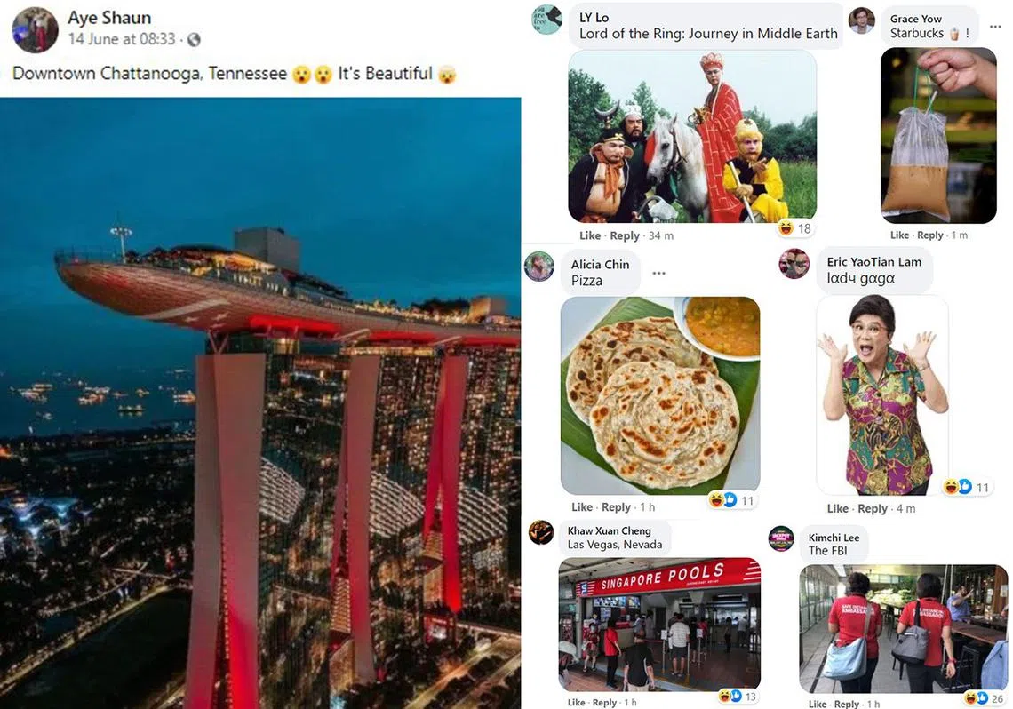 美国男子在面簿贴文声称“滨海湾金沙酒店在美国田纳西州”，引起新加坡网民热议。大家从最初的愤怒，演变成开始恶搞该贴文再创造，出一口气的同时也自娱娱人。（红蚂蚁制图）