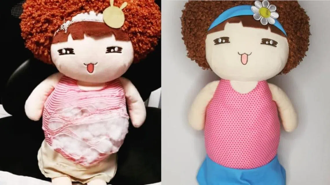 像这样“肚破肠流”的娃娃，送到绒毛玩具医院就有救了。（Soft Toy Hospital Instagram, 红蚂蚁制图）