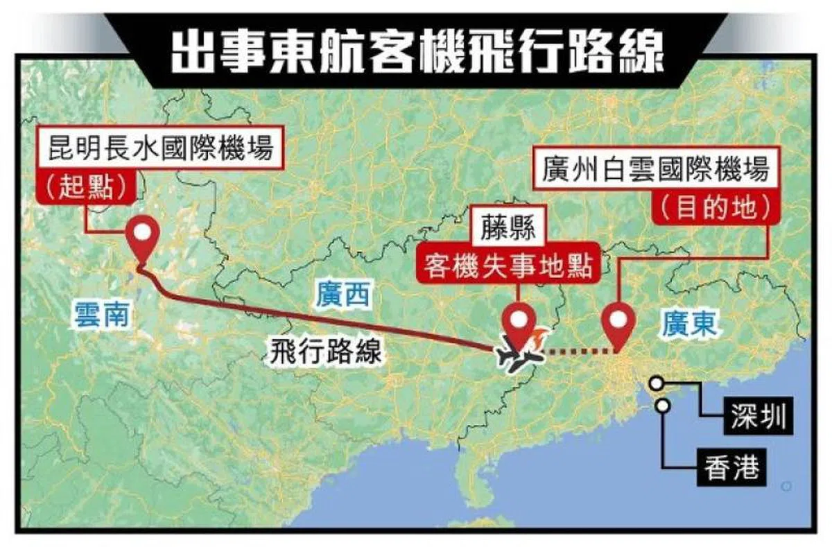 失事的东航客机MU5735飞行路线。（互联网）
