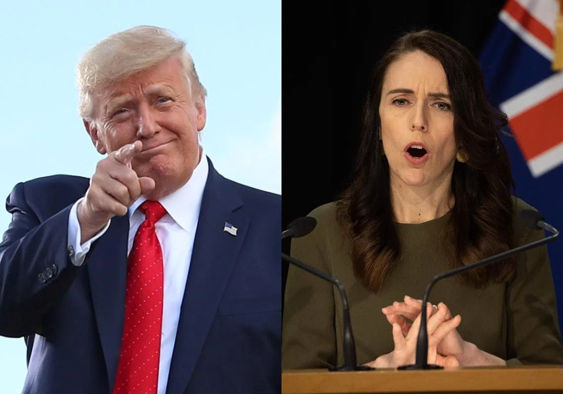特朗普（左）称新西兰复燃“很可怕”遭阿德恩（右）严词反驳。（李国豪制图）