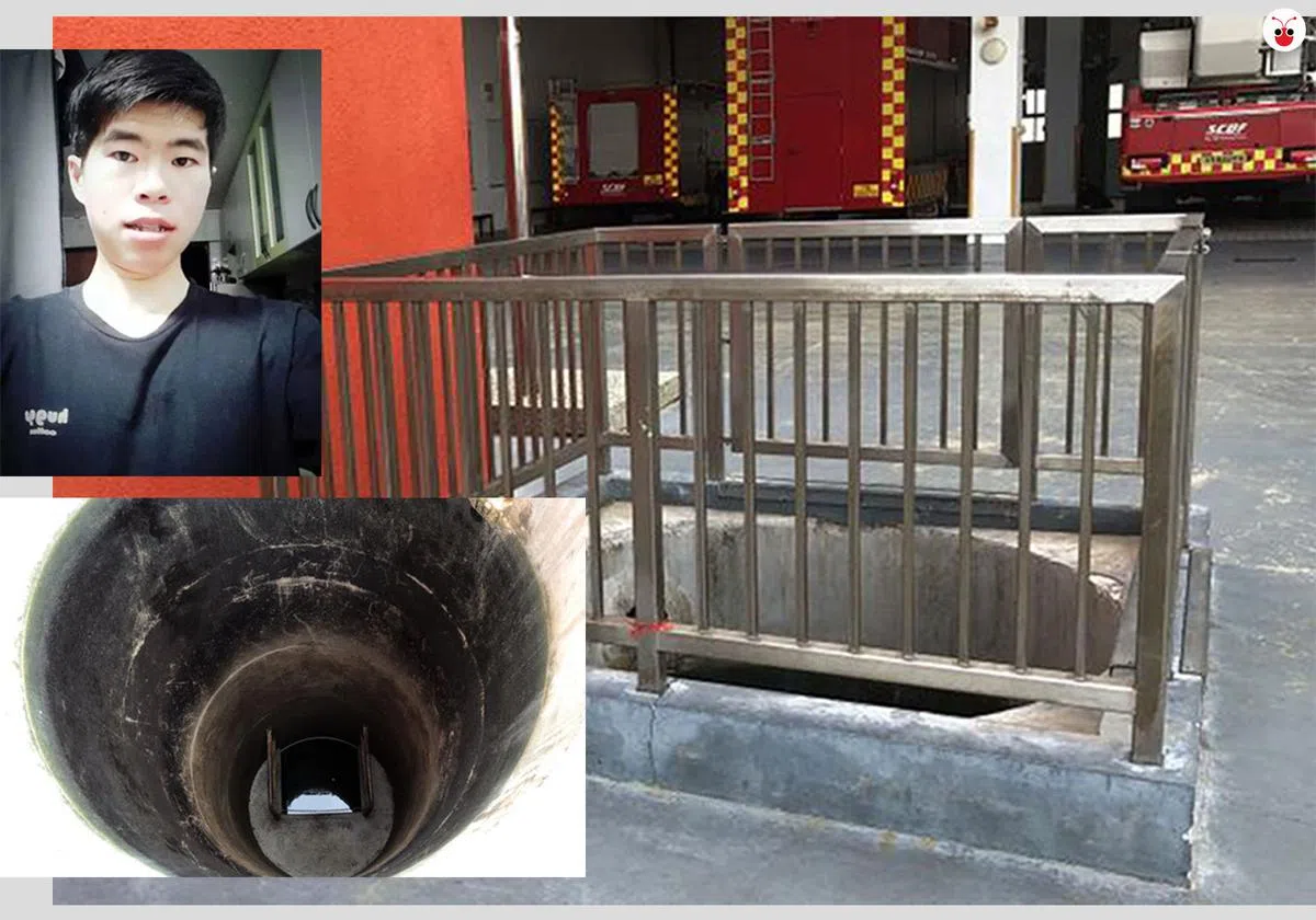  大士景消防局全职服役人员郭俨进中士5月13日晚被同僚推进消防局的泵井后，再也没有浮上水面。（谢静怡制图） 