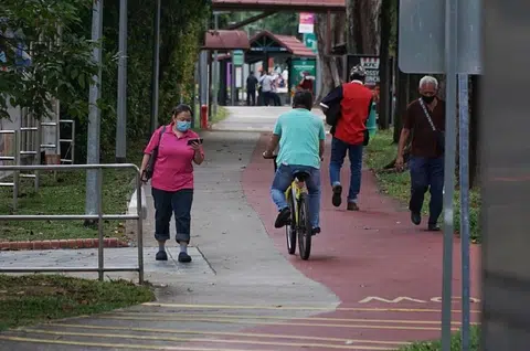 明明区分了人行道和脚踏车骑道，不过行人没在管。其中一人还一边走路，一边看手机。（海峡时报）