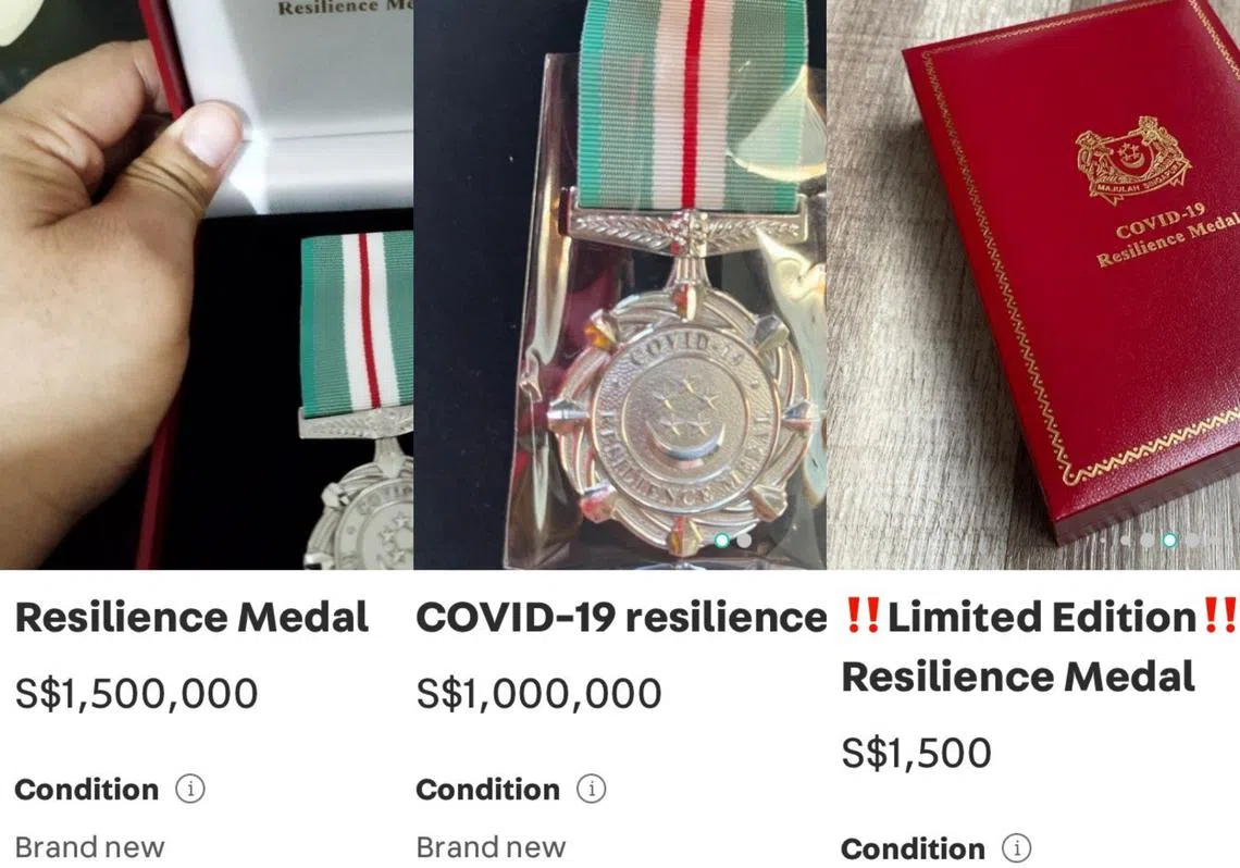 有公众在二手交易平台出售“应对冠病坚韧奖章”。（Carousell截图）