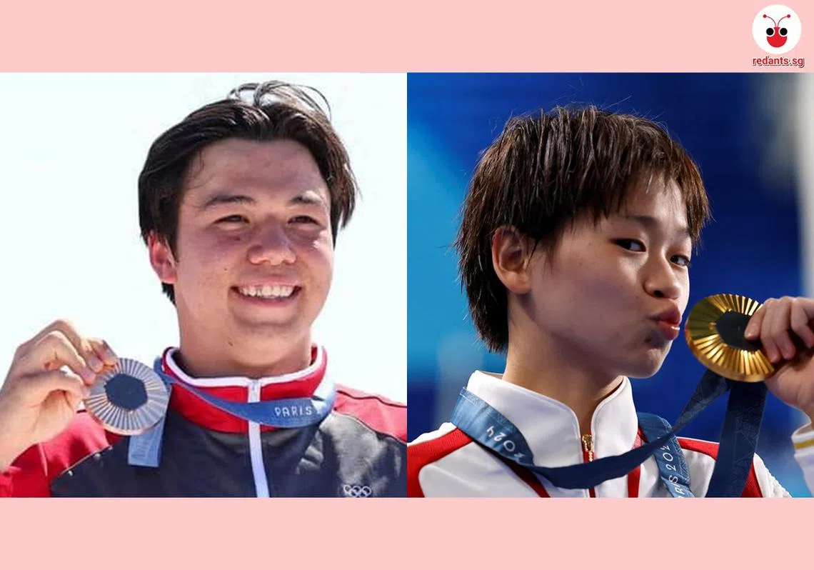 新加坡水翼风筝板好手墨士廉（左）与中国奥运跳水三金选手全红婵。（红蚂蚁制图）