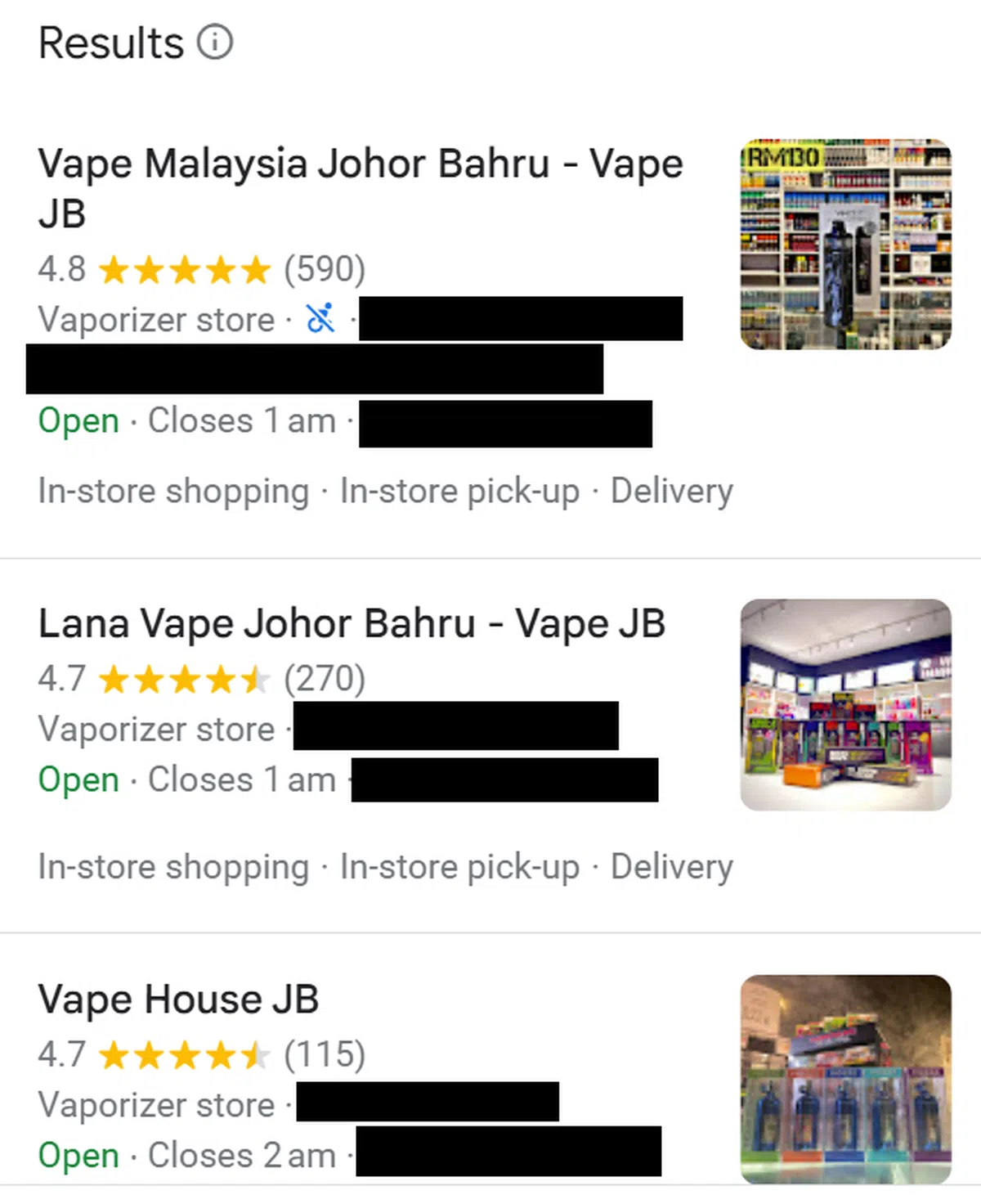 柔佛售卖电子烟店家的资讯几乎是唾手可得。（谷歌地图）