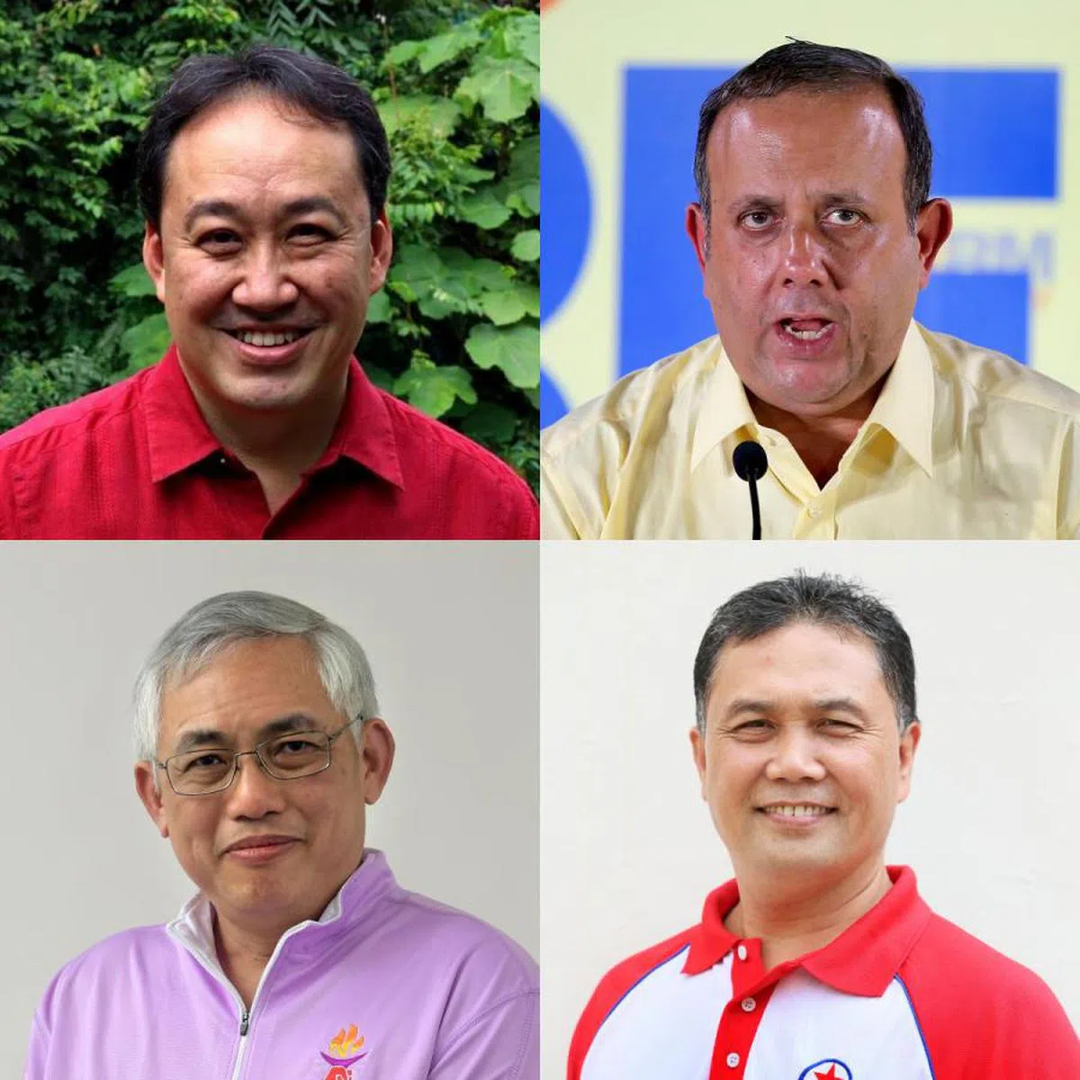 （左起顺时针）人民之声秘书长林鼎、革新党秘书长肯尼斯、民主进步党秘书长哈敏、人民力量党秘书长吴明盛，是各党较有代表性的人物。（红蚂蚁制图）