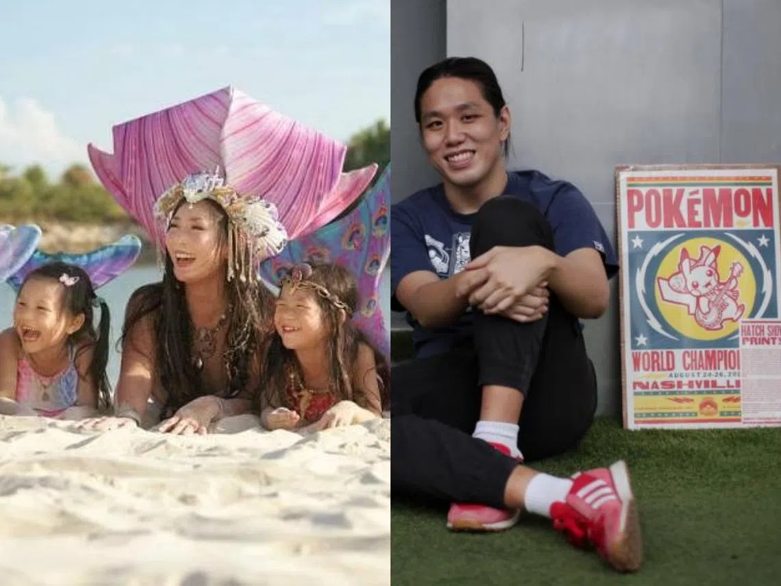 美人鱼培训员梁锦恩（左）和宝可梦竞技教练Melvin Keh（右）。（海峡时报）