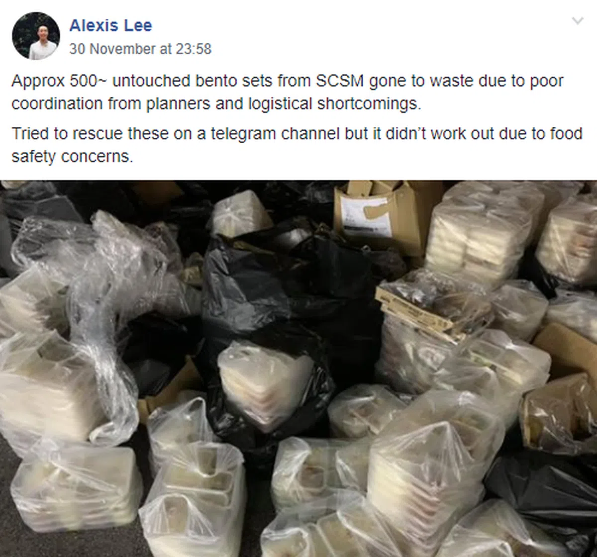  被丢弃的饭盒，尽管网民试图把照片发布出去让自愿者以外的人员来认领，但碍于安全考量，没有人敢接收被遗弃的便当。（Alexis Lee面簿） 