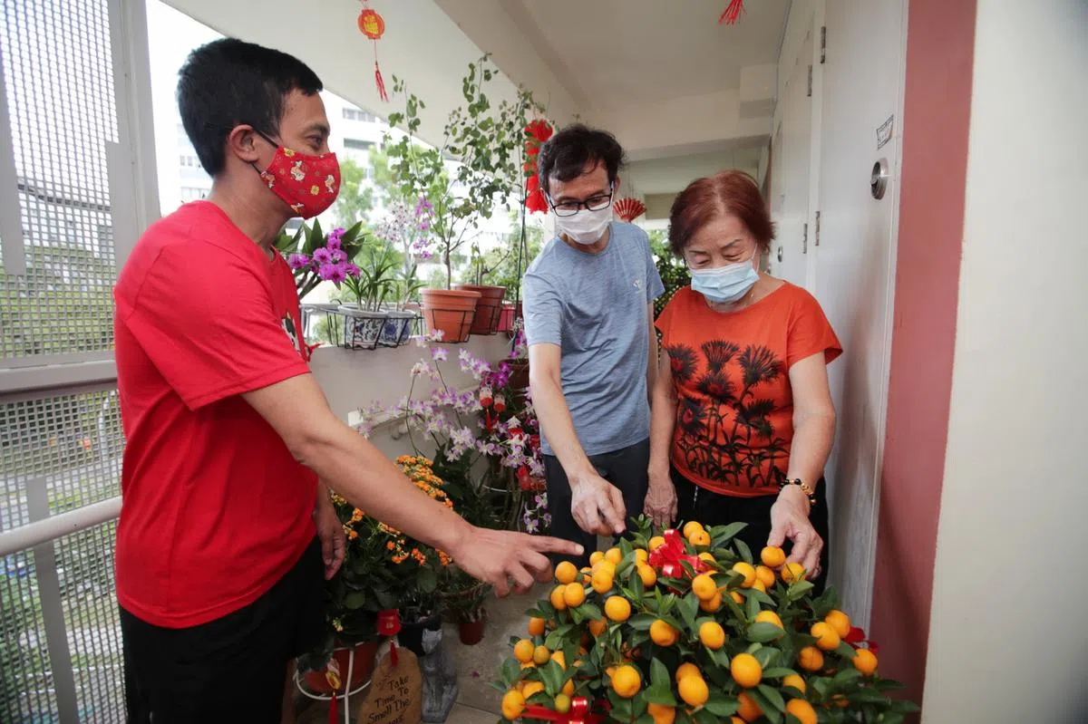  阿都拉和邻居郑女士欣赏刚送来的金桔盆栽。走廊两旁还摆放着胡姬花、玫瑰花及大红花等花卉。（海峡时报） 