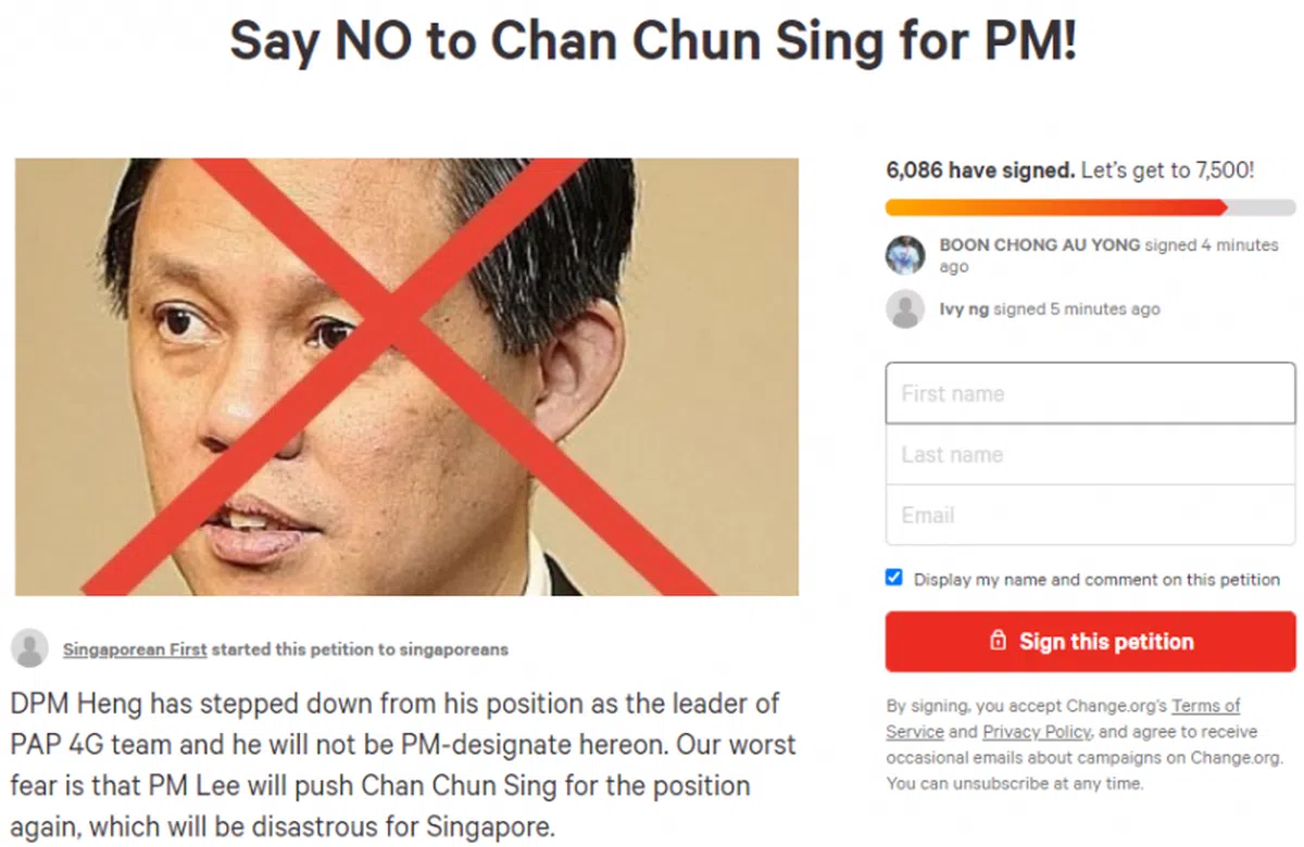  一名署名Singaporean First的网民在网上发起反对陈振声当总理的联署。（change.org） 