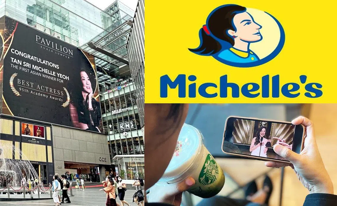 杨紫琼成为首位奥斯卡华裔影后，马国商家以各自方式祝贺。（互联网／红蚂蚁制图）