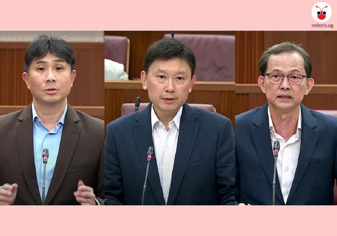 （左起）盛港集选区议员林志蔚、交通部长兼财政部第二部长徐芳达、非选区议员梁文辉。（红蚂蚁制图）