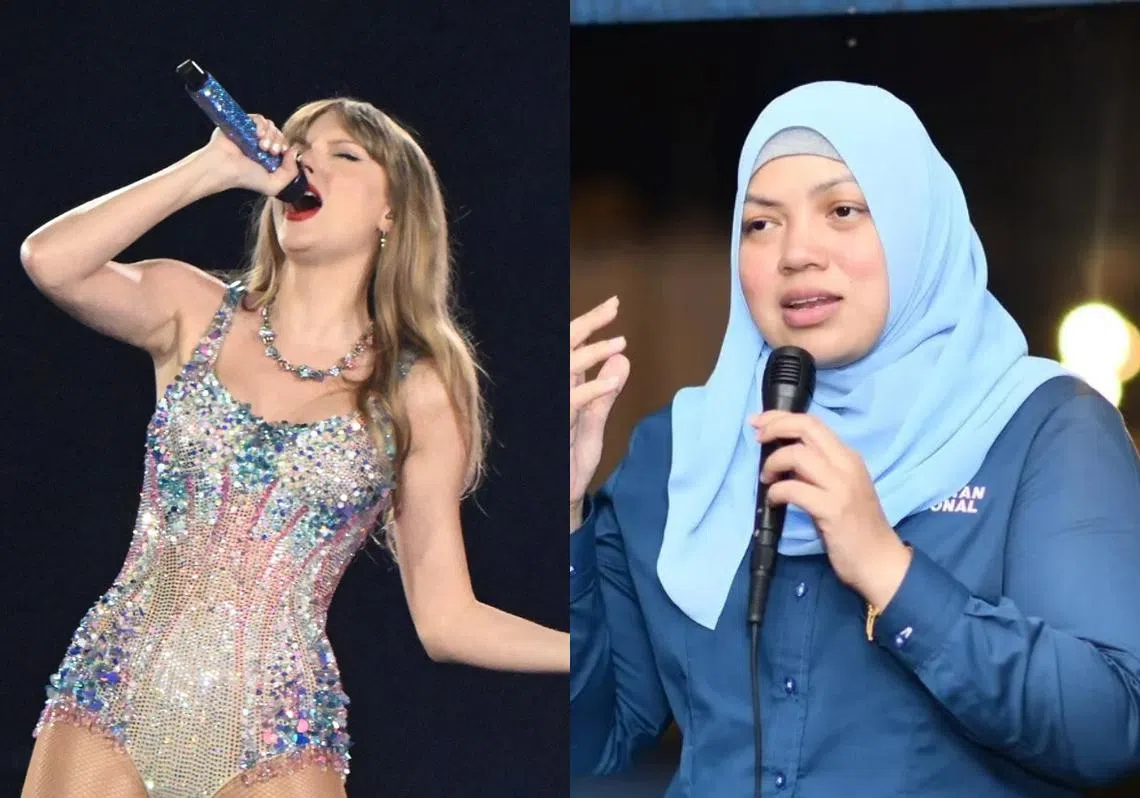 马国土团党领袖沙莎丽娜（右）质问马国政府为何请不到泰勒丝（左）演出。（红蚂蚁制图）