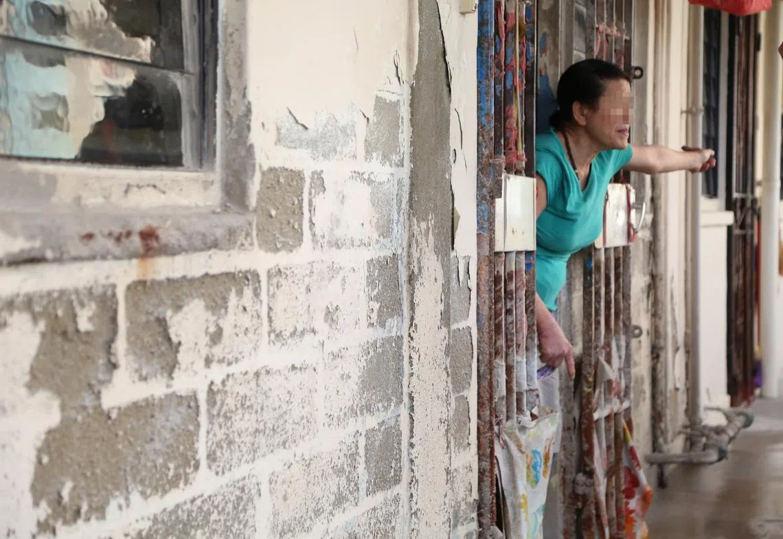 洗墙嫂的家外墙油漆已经脱落，露出砖块。（联合晚报）