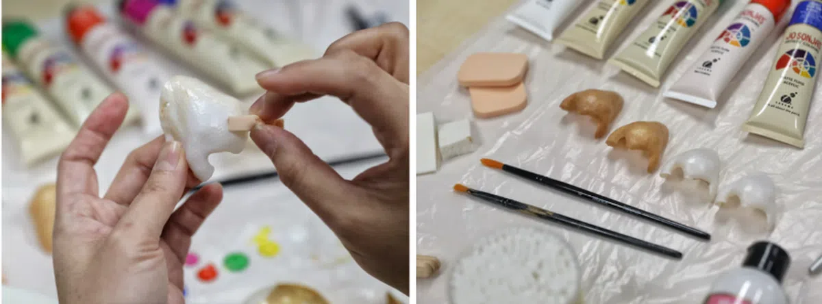 假鼻子从最初的打印成品，经过修整，打磨和抛光，到最后上色。（海峡时报）