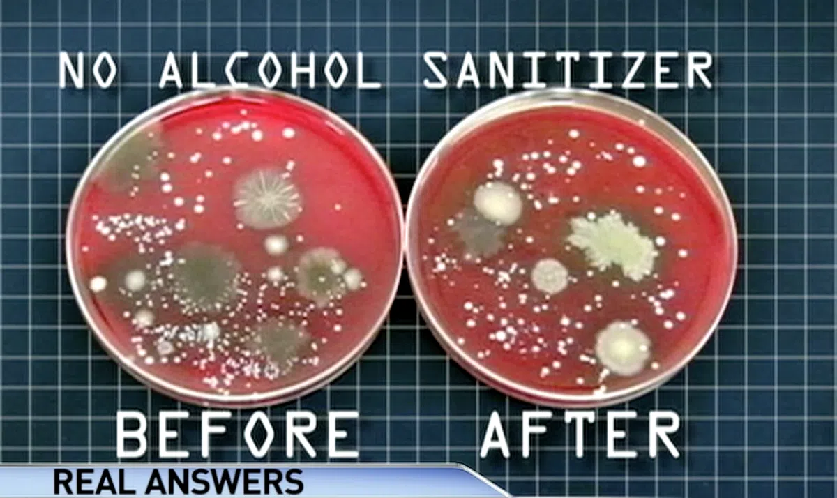  左为洗手前，右为使用0%酒精含量的免洗消毒液后。（视频截图） 