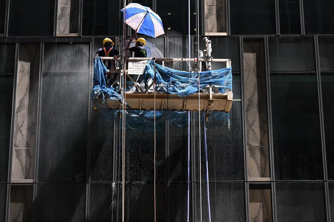 在高空中顶着太阳工作的客工，不得不用雨伞遮阳。（海峡时报）