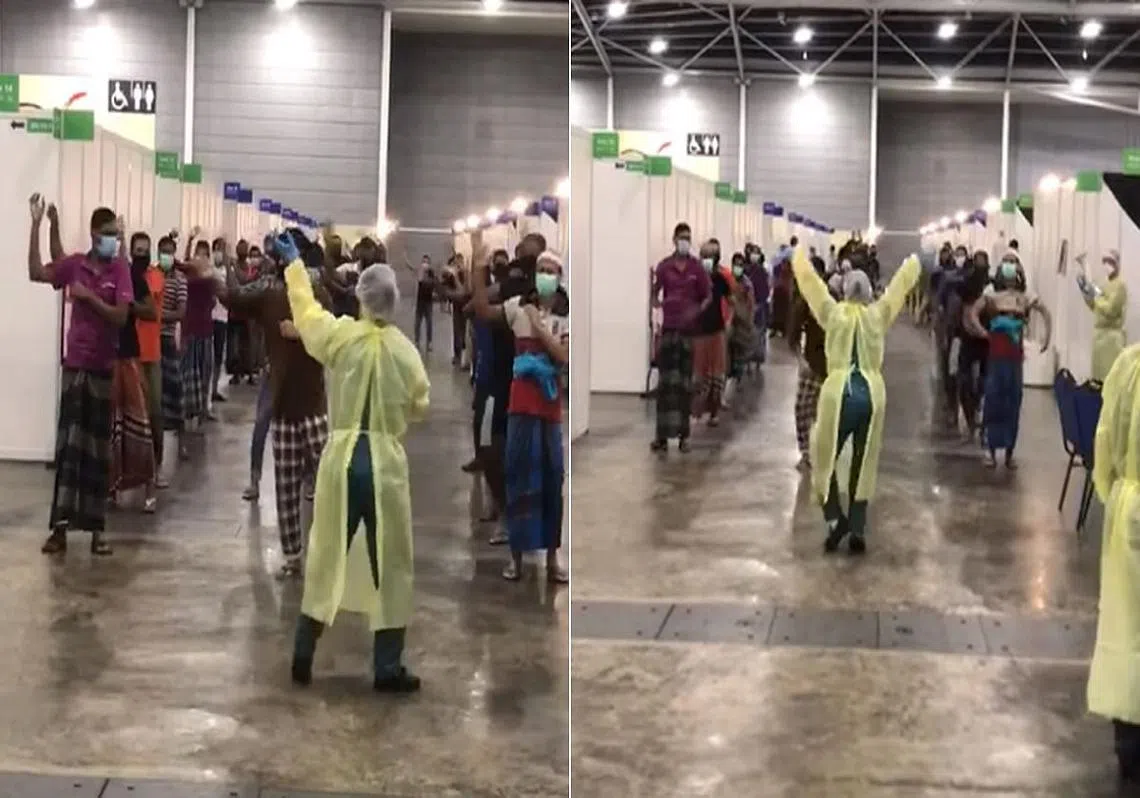 外籍客工和前线医疗人员齐齐跳舞。（慈母航）