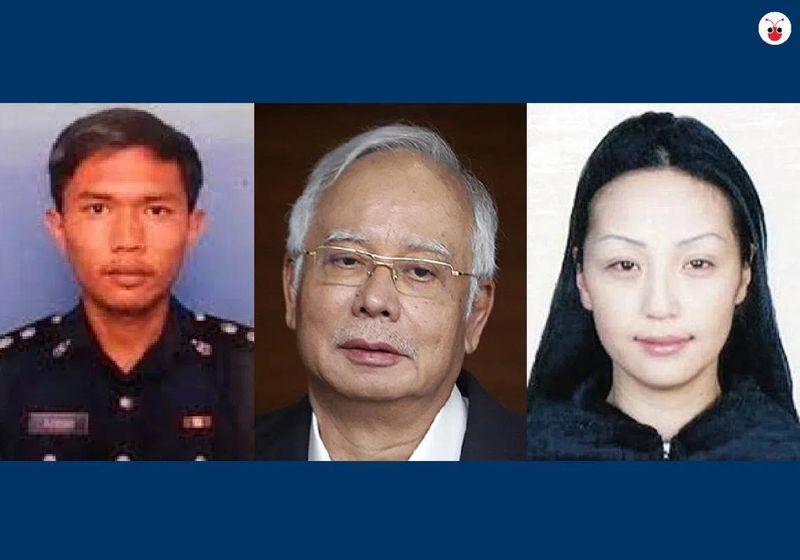 涉及命案的特警被告阿兹拉（左一）抛出惊人指控，声称纳吉（中）及他的亲信拉萨巴京达才是蒙古女郎命案的幕后指使人。（红蚂蚁团队制图）