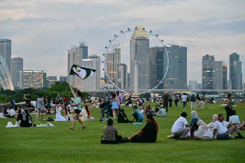 年轻人在滨海堤坝（Marina Barrage）野餐和放风筝。