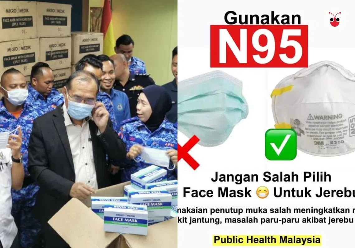 马国当局派送到砂拉越当地的口罩被踢爆是防尘效果不佳的医疗口罩。（李国豪制图）