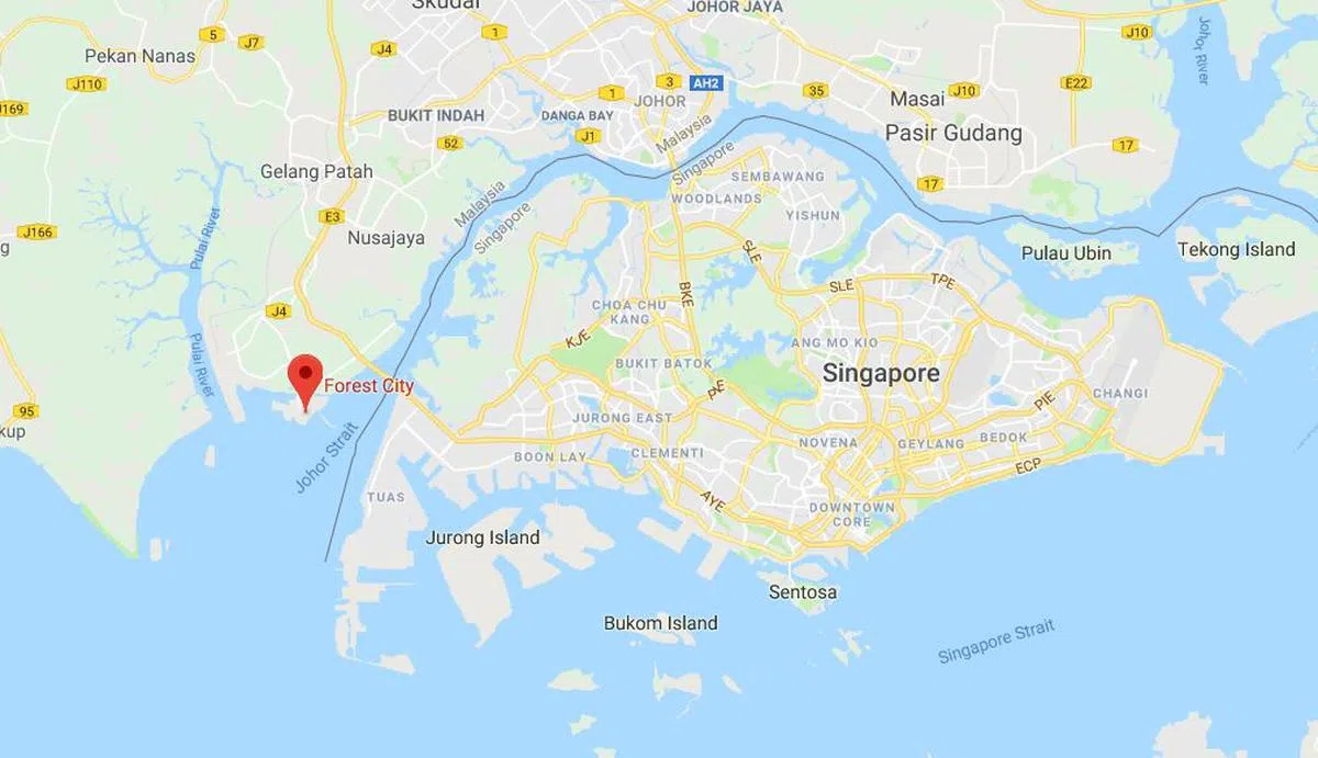  森林城市临近新马第二通道，与新加坡隔海相望。（谷歌地图） 