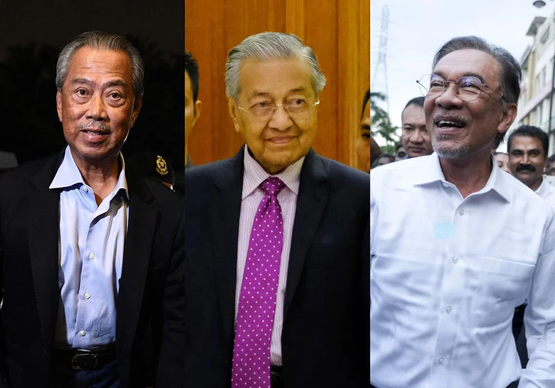 马哈迪（中）透露，慕尤丁（左）可能加入他与安华的战局。（李国豪制图）