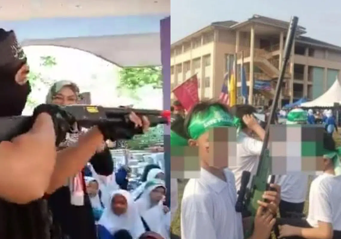 马国惊传有师生在校内挺巴勒斯坦活动上举起玩具枪示威。（红蚂蚁制图）