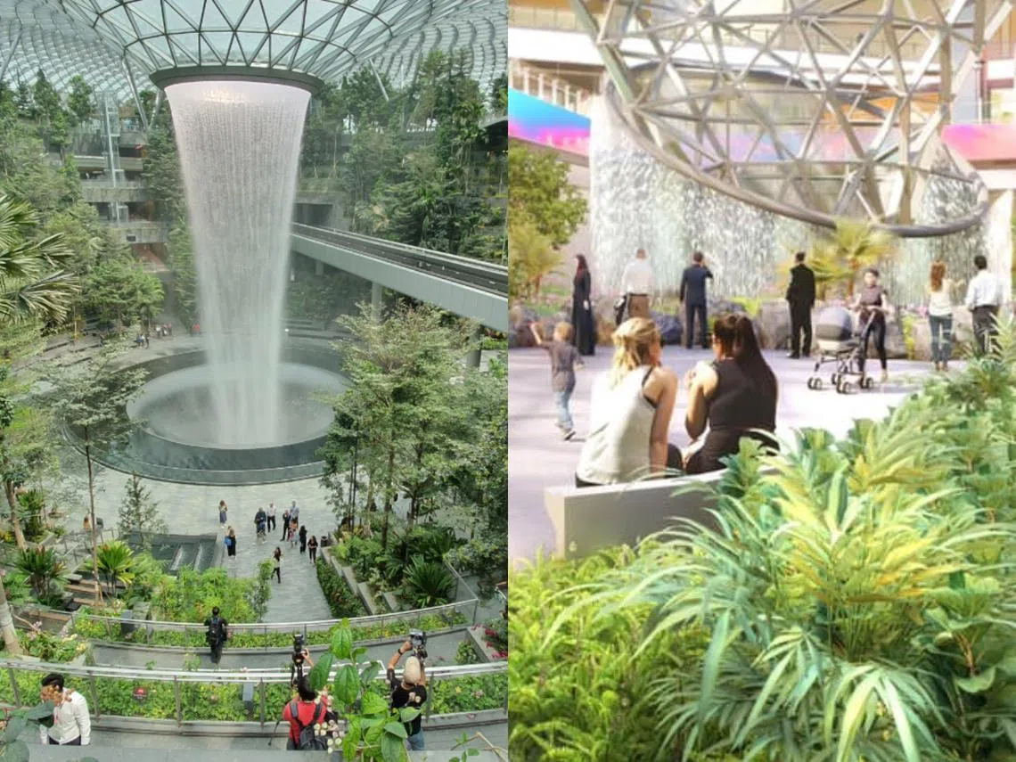 左边为星耀樟宜的室内瀑布和花园，右为哈马德国际机场的构想图。蚁粉觉得相似吗？（Business Insider/哈马德国际机场面簿）