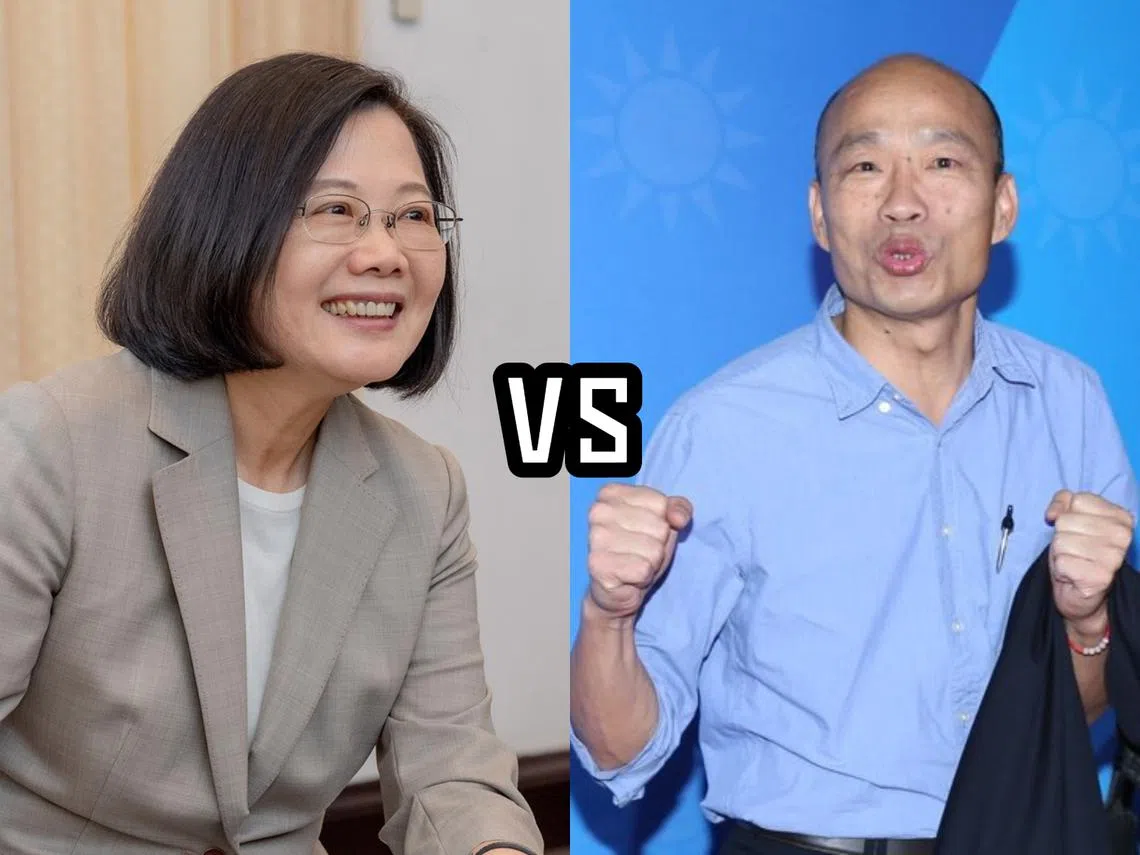 韩国瑜（右）赢得国民党初选，将与明年总统大选对阵蔡英文（左）。（李国豪制图）