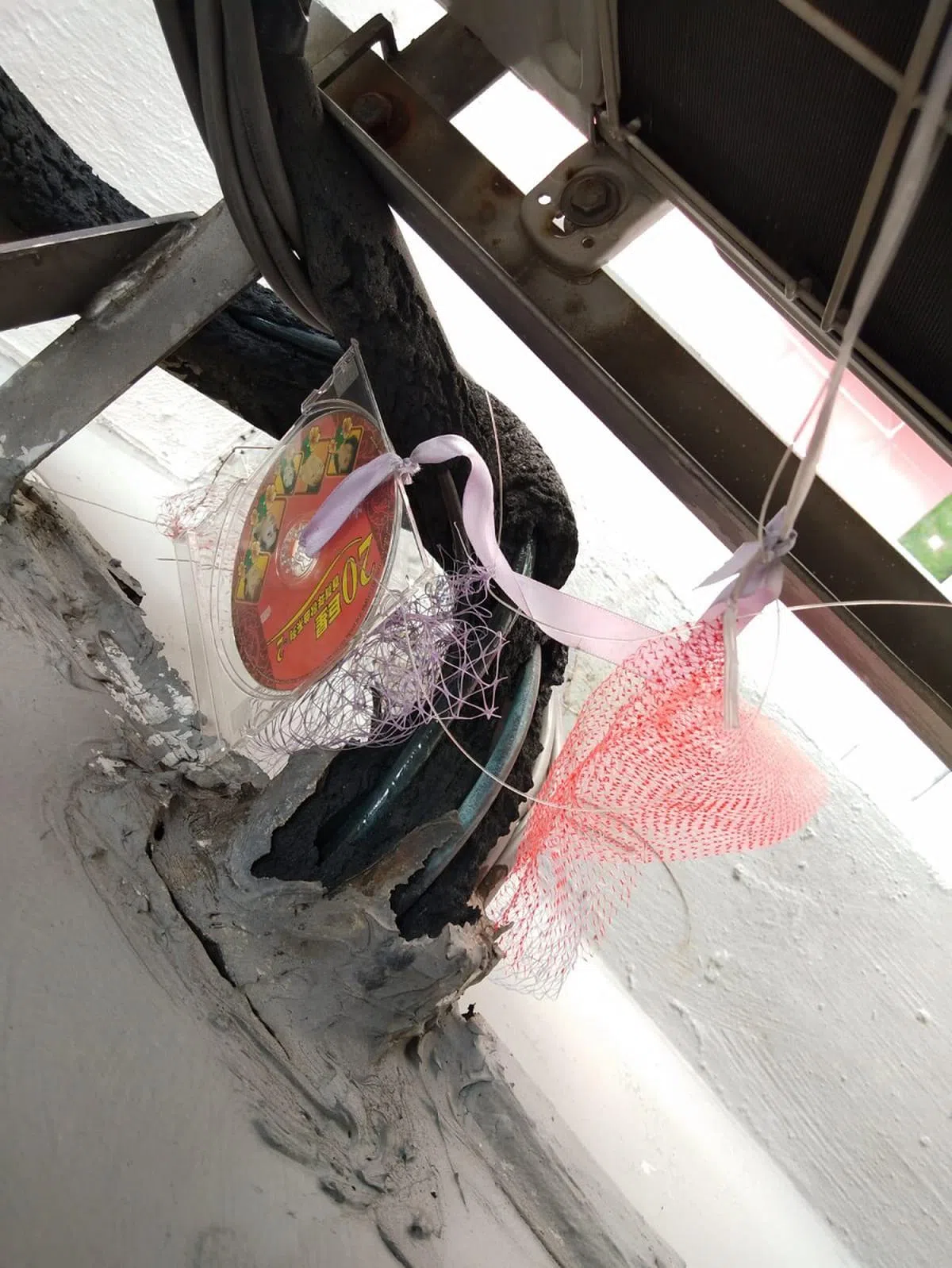 有居民在冷气室外机后方放置光盘“吓鸟”。（新明日报）