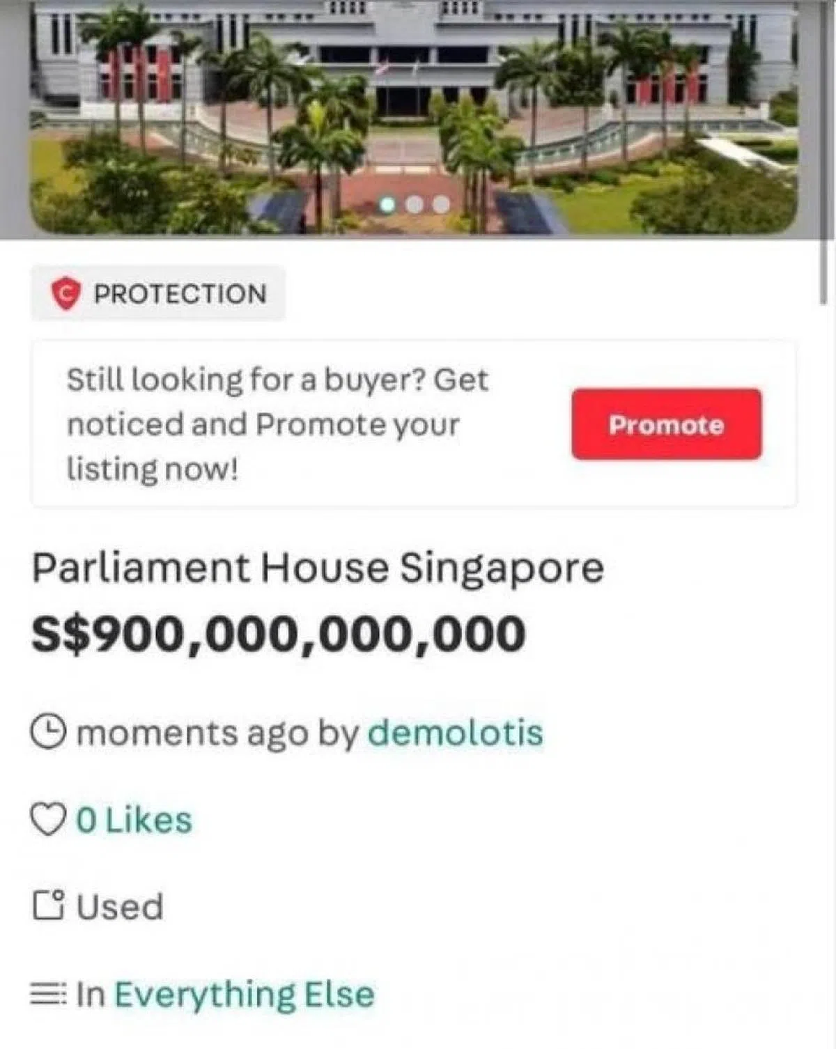  国会大厦“叫价”9000亿新元。（sell.singapore Instagram截图） 