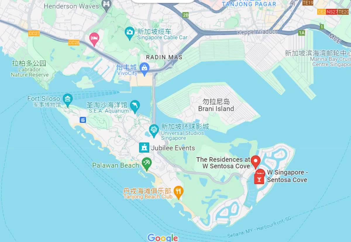 升涛湾W魅居坐落在圣淘沙最“里面”，朋友要探望你也有点麻烦。（谷歌地图）