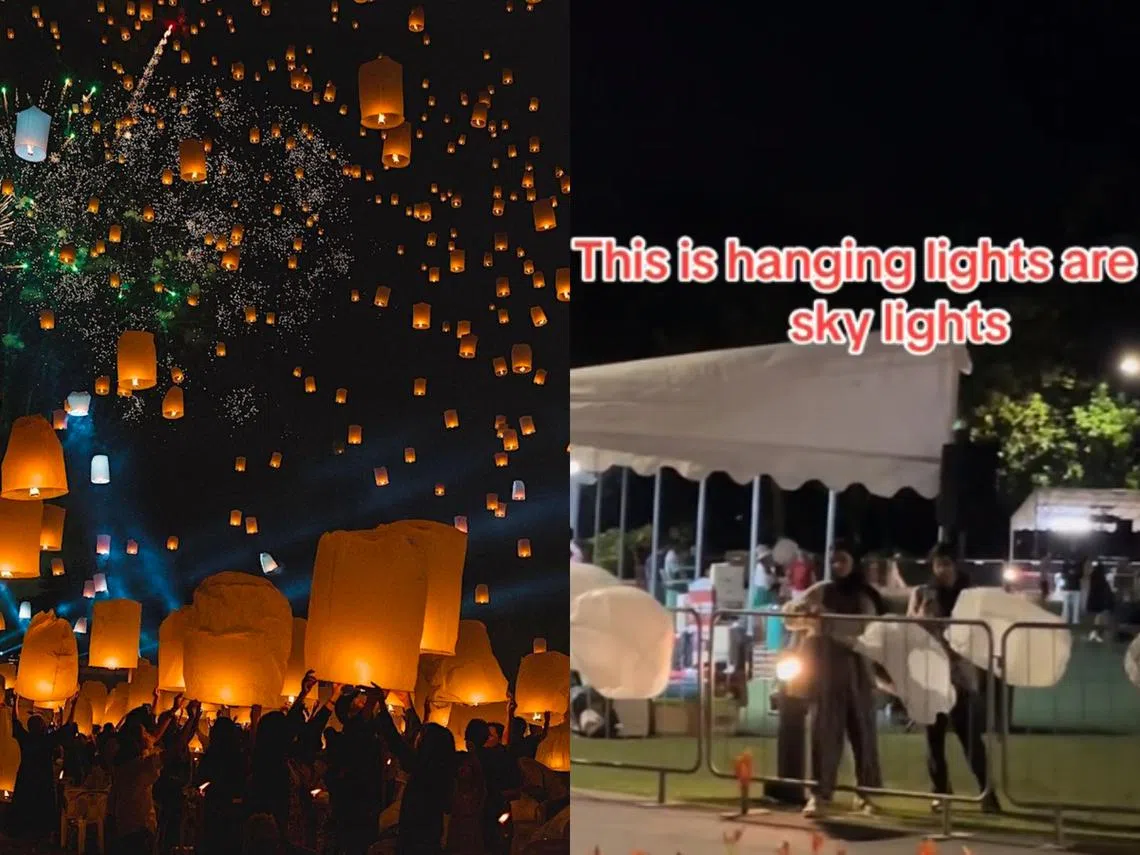 想象与现实的差距。左图为主办方宣传的天灯节照片，右图为活动当天的挂天灯照。（红蚂蚁制图）