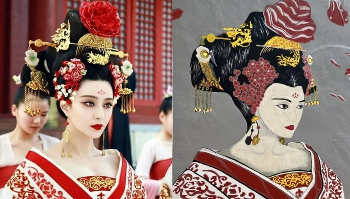 左边是范冰冰在电视剧《武媚娘传奇》中的造型，右边是马六甲马中友谊广场的“武媚娘壁画”，哪个比较美？（互联网，红蚂蚁制图）