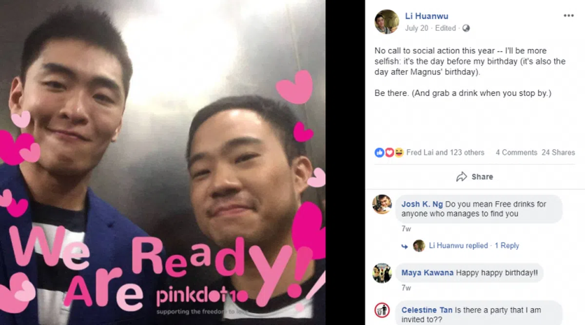  李桓武（左）在面簿上贴出与兽医男友Yirui Heng的合照，并透露他俩的生日就在粉红点集会之前与之后一天，希望朋友们能出席，与他俩喝一杯欢庆生日。（李桓武面簿截图） 