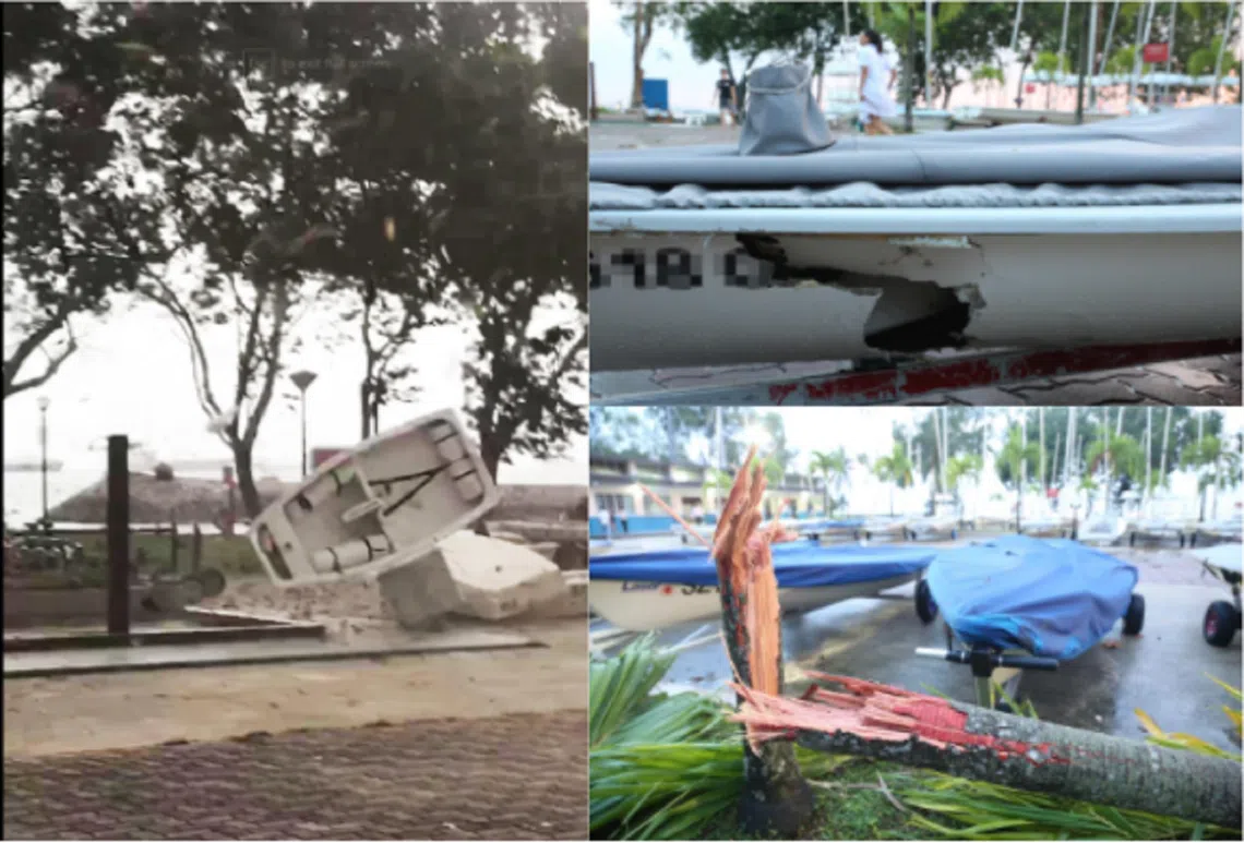 水龙卷袭东海岸公园，帆船吹离地水箱卷屋顶。（联合早报）