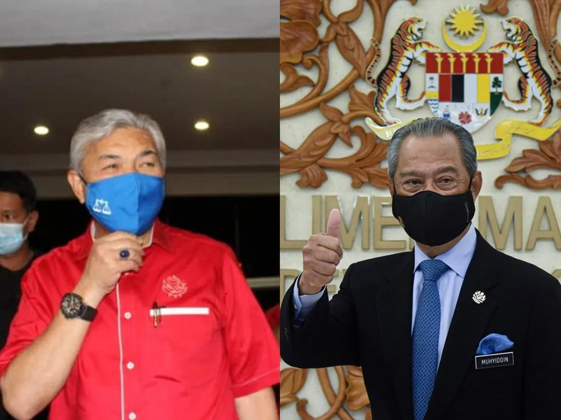 巫统党主席阿末扎希（左）与马国首相慕尤丁（右）。（红蚂蚁制图）