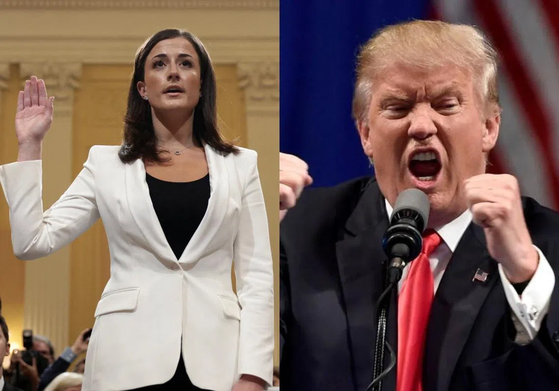 前白宫幕僚哈钦森（左）在国会公开听证会上供证，爆料特朗普（右）在美国国会暴动前的各种匪夷所思的行径。（红蚂蚁制图）