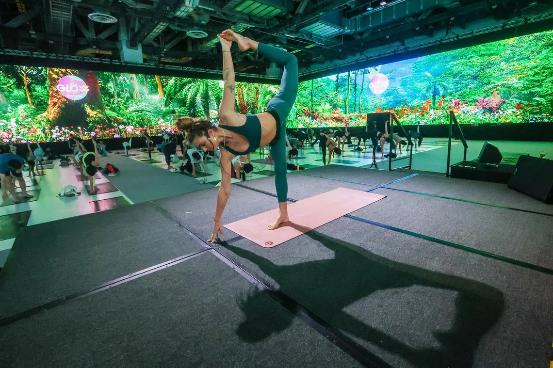 以360度LED环绕屏，打造热带雨林场景，配合自然鸟鸣声、流水声，以及Oo La Lab定制的香气，放松身心来做瑜伽。（联合早报）