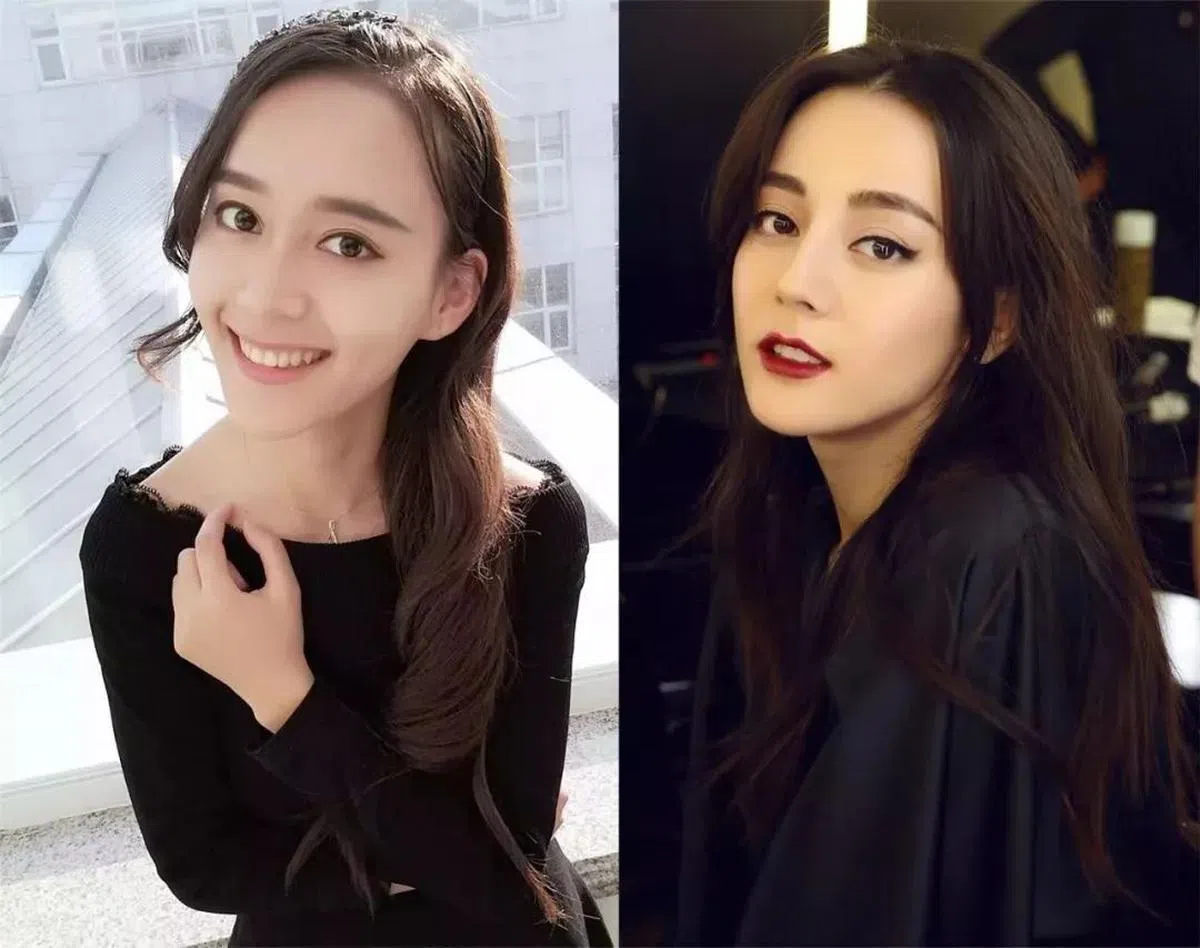  网民将杨慧琴（左）与中国人气女明星迪丽热巴（右）的照片拼在一起，容貌确实有几分相似，不过少了一分美艳，多了一分清纯。（互联网） 