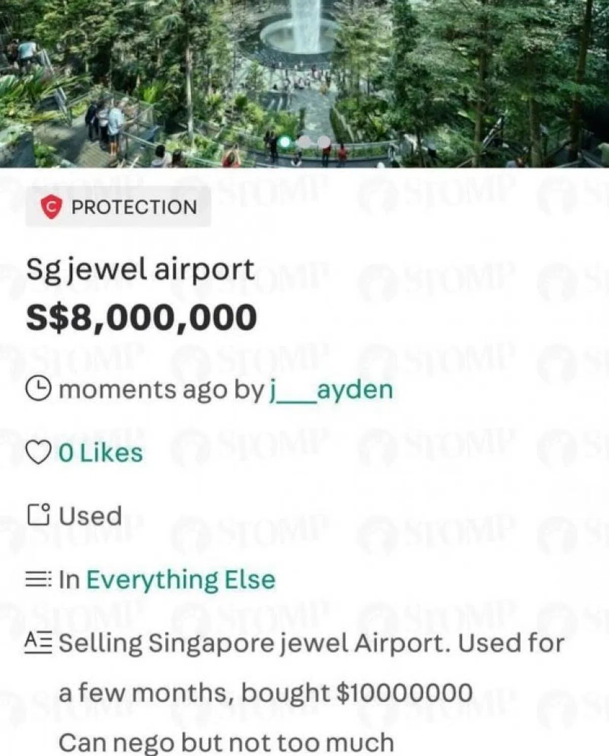  “二手”星耀樟宜“出售”！只须800万元。（Stomp） 