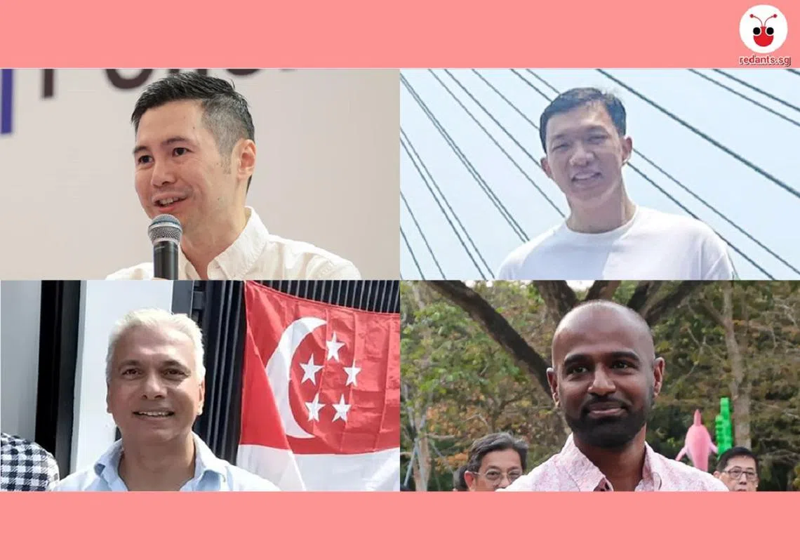 （从左上顺时钟方向）11月接任人民行动党盛港东支部主席的罗邦伟、刚出任人民行动党后港支部主席的林伟良、裕泉区基层组织第二顾问哈宓医生，以及工人党8月走访马林百列时曾出现的高级律师尼荷哈佩星。（红蚂蚁制图）